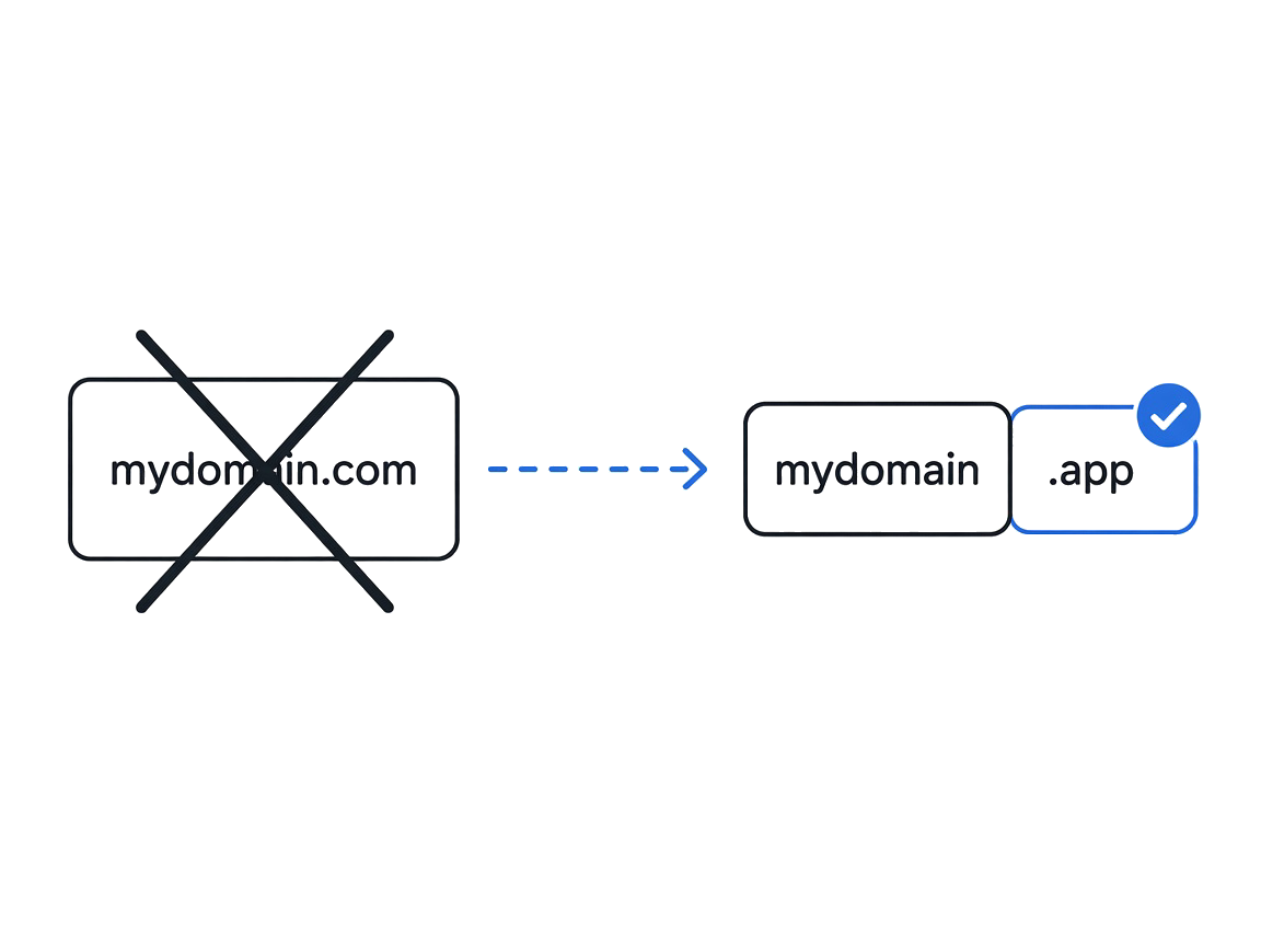 .com 被划掉，mydomain.app 名称与后缀卡合